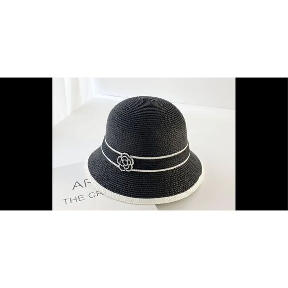Beautiful stub bowler hat with patterned flower adjustable strap. Blk - Picture 2 of 16